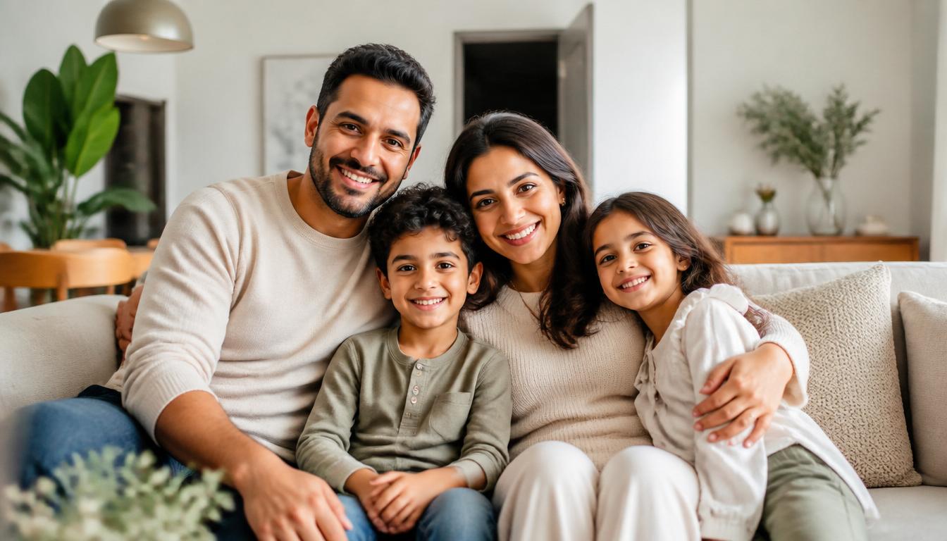 Egyptian family — husband, wife, son and daughter — sitting together in a warm modern home